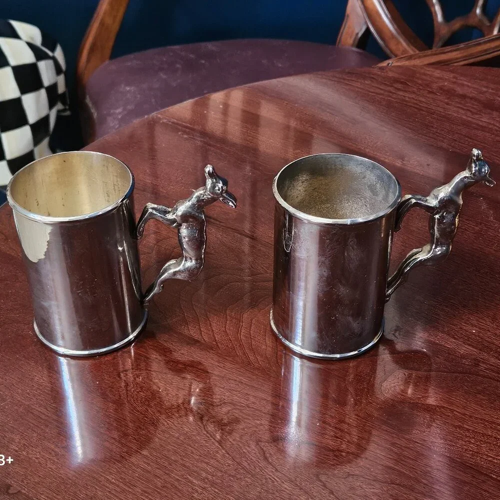 2 LUXURY VINTAGE RARE ESTATE GUCCI TANKARD SILVER PLATE DEER BEER STEIN CUP MUG